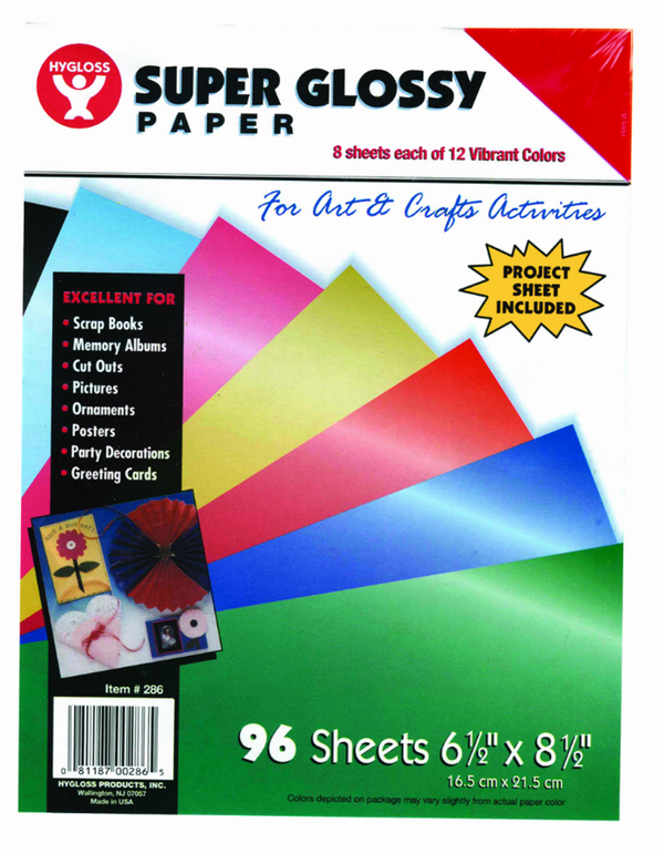 Super Glossy Paper 6.5inx8.5 96 Sheets, 8 each Of 12 Assorted colors