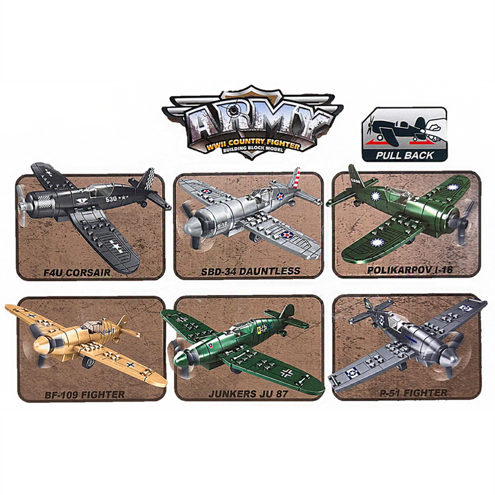 WWII Fighter Plane Building Brick Pull-Back Display Set - 2