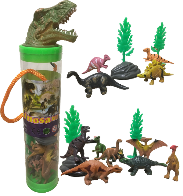 Dinosaur Figurines in Clear Tube with T-Rex Head Topper