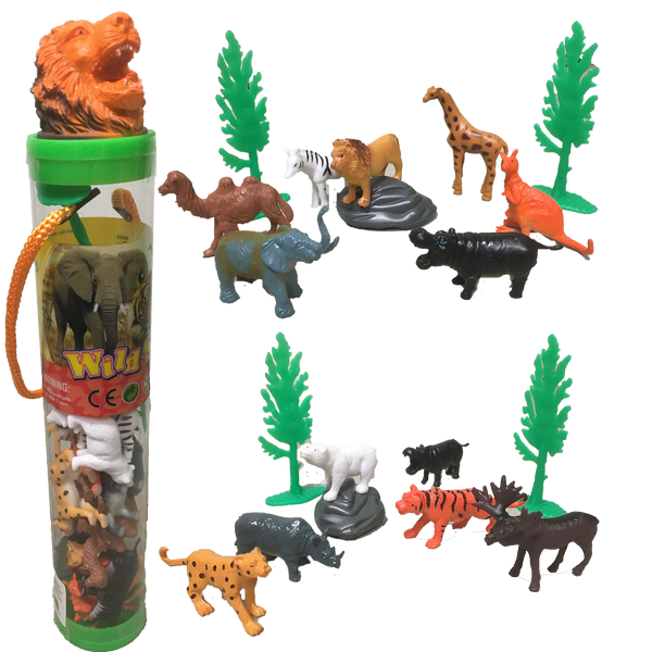 Zoo Animal Figurines in Clear Tube with Lion Head Topper