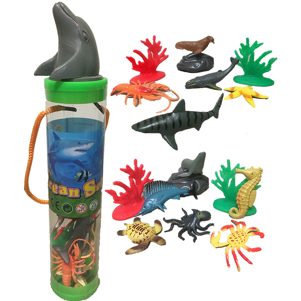 Sea Animal Figurines in Clear Tube with Dolphin Head Topper