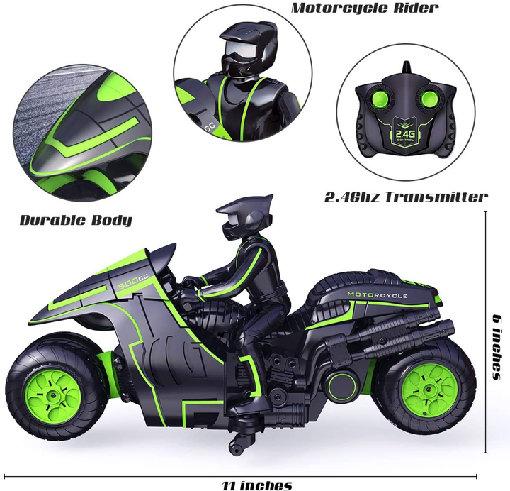 1:10 Scale Stunt MotoRCycle With 2.4 Ghz Remote Rechargeable Batteries - Green - 8